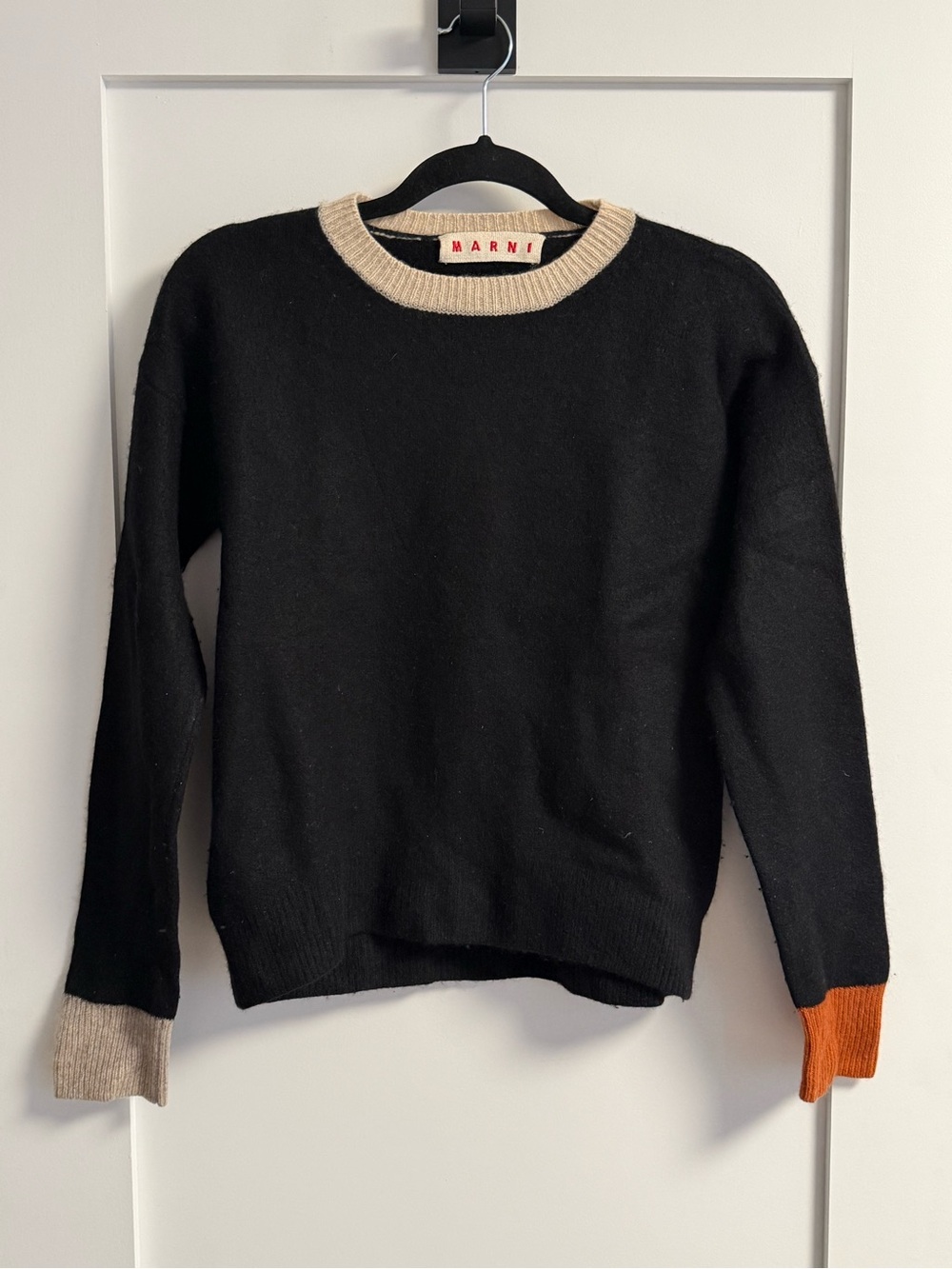 Vintage Marni Black Cashmere Crewneck Sweater with Cream Trim and Orange Cuff